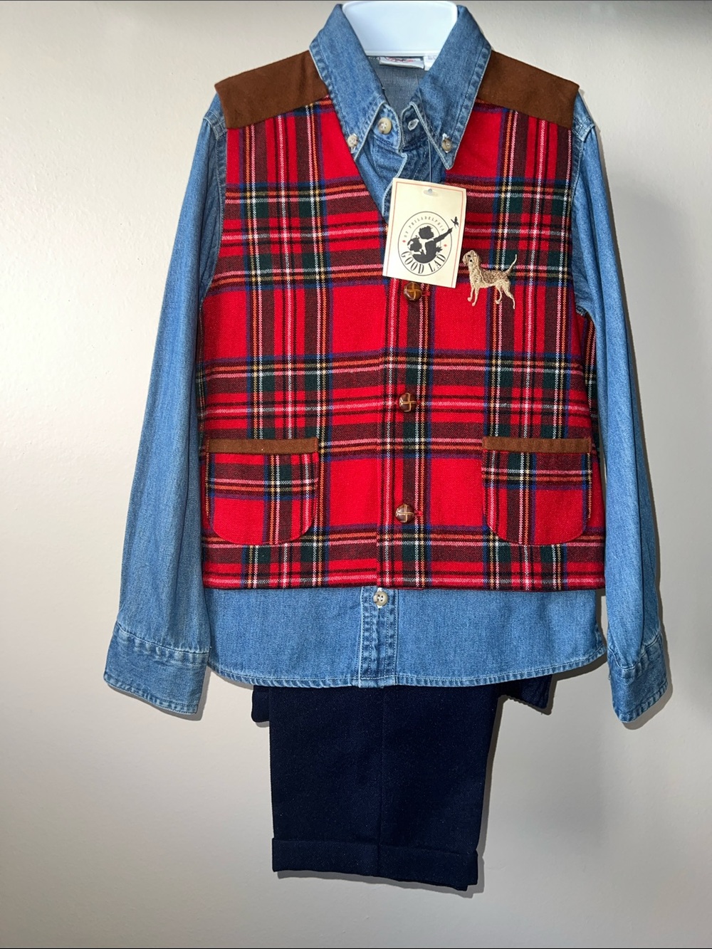 Vintage Kids 3 piece Plaid Vest, Denim Shirt, and Navy Pants.